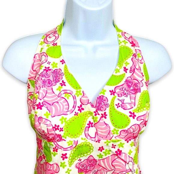 Lilly Pulitzer White Label Pink Blackjack Cat Print Halter Dress Size 2 - Picture 3 of 8